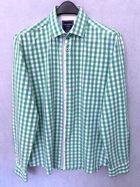 Jon Sonen Casual 100% Cotton Green Check Dress Shirt | Size Medium